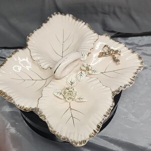 Fairyland Lusterware Pink Gold Divided Dish Floral Bow Vanity Trinket Dish